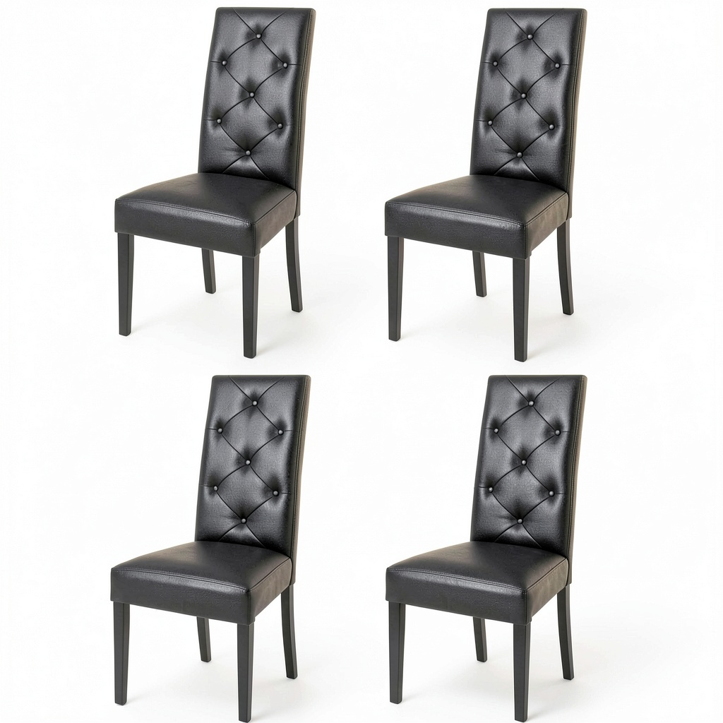 Set di 4 Sedie Chantal in Legno di Faggio per Cucina e Sala da Pranzo, Imbottite in Pelle Nera