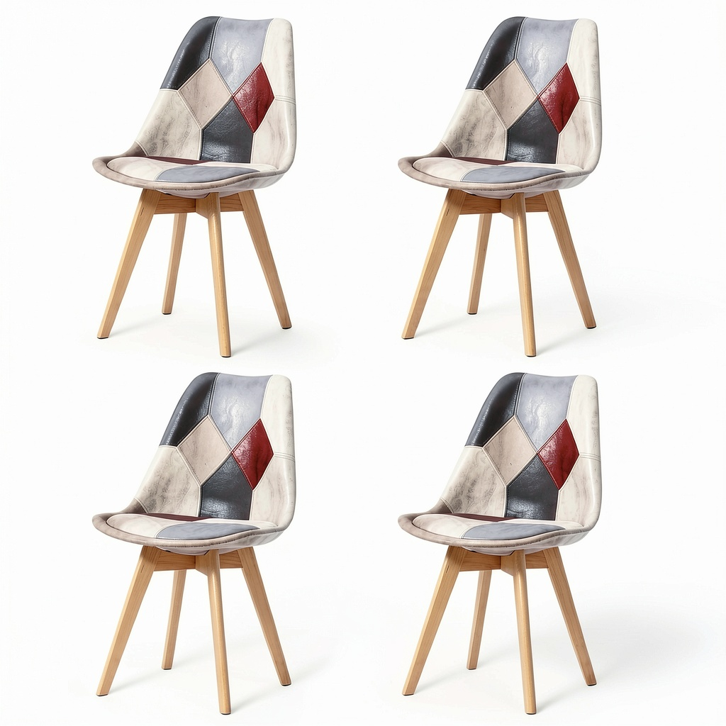 Set di 4 Sedie Scandinave con Cuscino in Tessuto Rimovibile e Gambe in Legno di Faggio, per Sala da Pranzo e Cucina, Grigio Patchwork