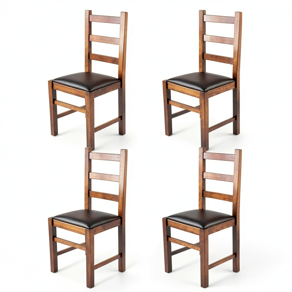 Set di 4 Sedie Rustica in Legno di Faggio e Pelle Artificiale Moka per Cucina e Sala da Pranzo