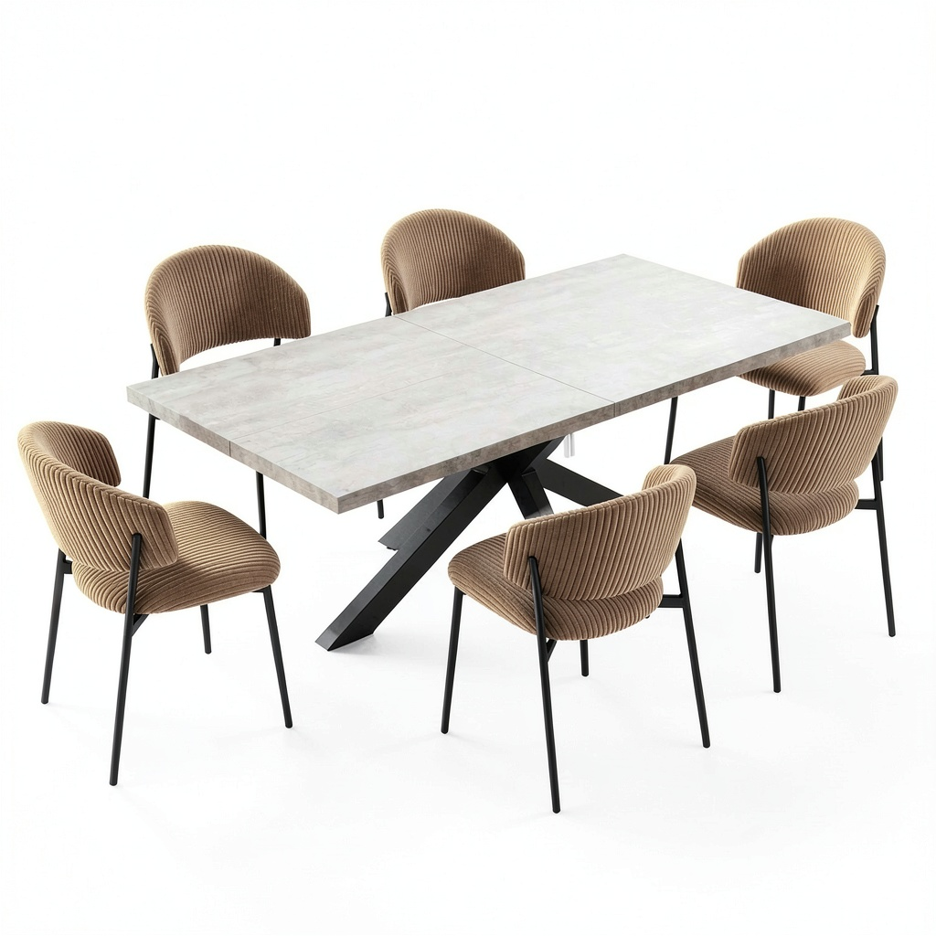 Set JIEXI: Tavolo da Pranzo Allungabile con 6 Sedie in Tessuto, Design Moderno in MDF e Cemento