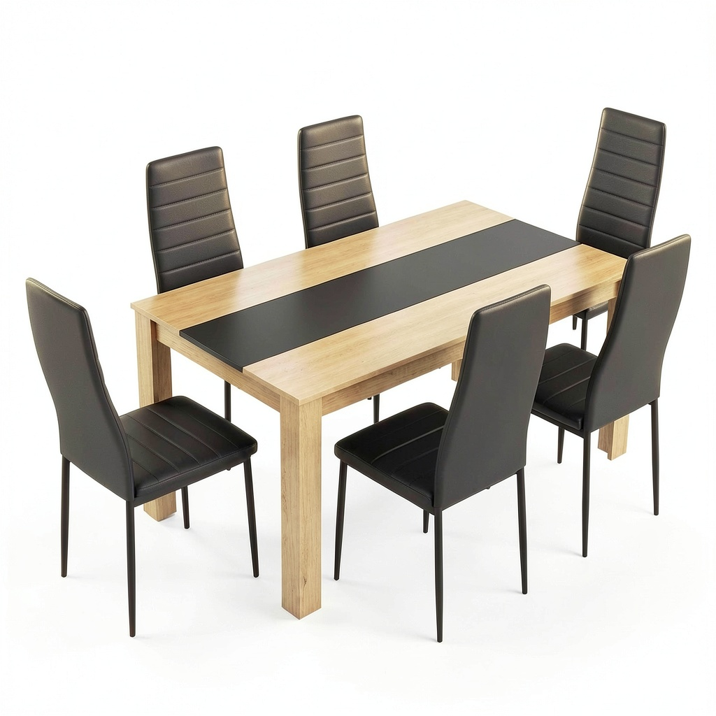 Set da pranzo in rovere e similpelle nera con tavolo e 6 sedie, ideale per cucina e soggiorno