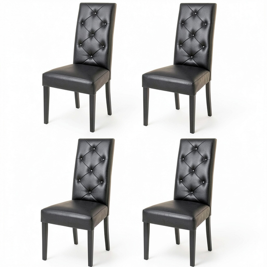 Set di 4 Sedie Chantal in Legno di Faggio per Cucina e Sala da Pranzo, Imbottite in Pelle Nera