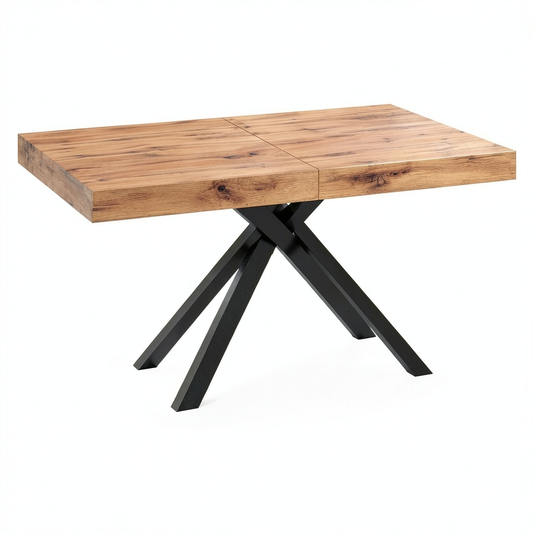 Tavolo Allungabile Leonardo con Gambe Incrociate Nere in Rovere Rustico, Made in Italy, per Cucina e Sala da Pranzo, 95x90x76 cm
