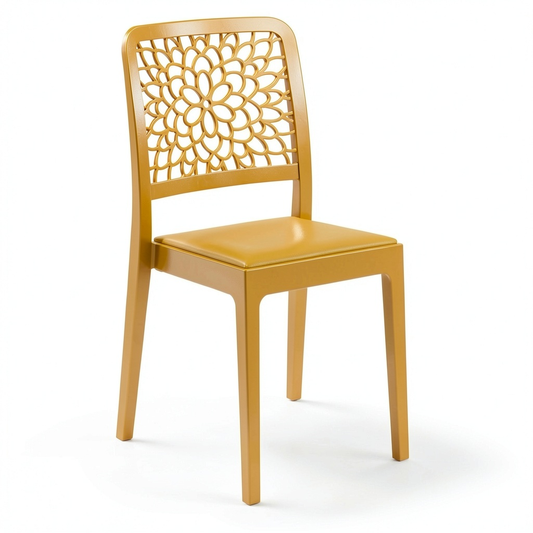 Set di 4 sedie TICHE in polipropilene, resistenti ai raggi UV, idrorepellenti e impilabili, design floreale moderno per interni ed esterni, colore senape, Made in Italy
