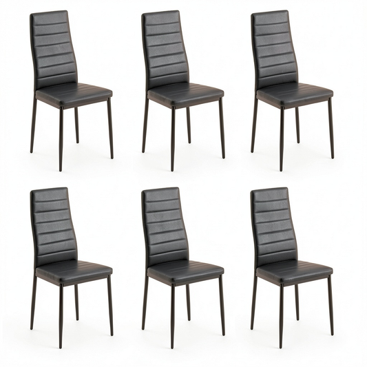 Set di 6 Sedie da Pranzo Moderne in Similpelle Nera con Gambe in Acciaio