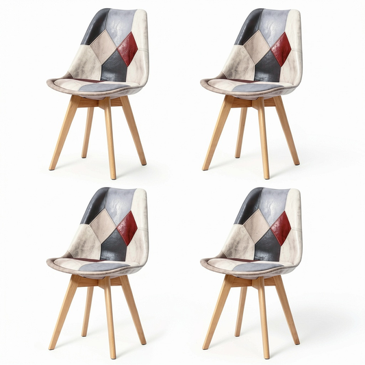 Set di 4 Sedie Scandinave con Cuscino in Tessuto Rimovibile e Gambe in Legno di Faggio, per Sala da Pranzo e Cucina, Grigio Patchwork