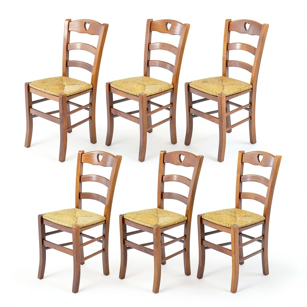 Set di 6 Sedie Tommychairs Cuore in Faggio Noce e Paglia per Cucina e Sala