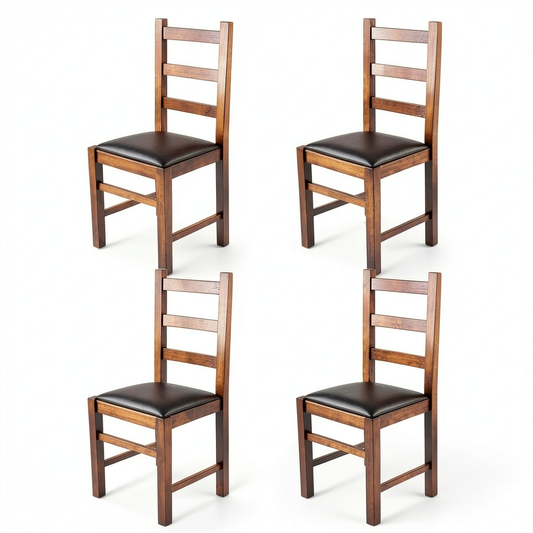 Set di 4 Sedie Rustica in Legno di Faggio e Pelle Artificiale Moka per Cucina e Sala da Pranzo