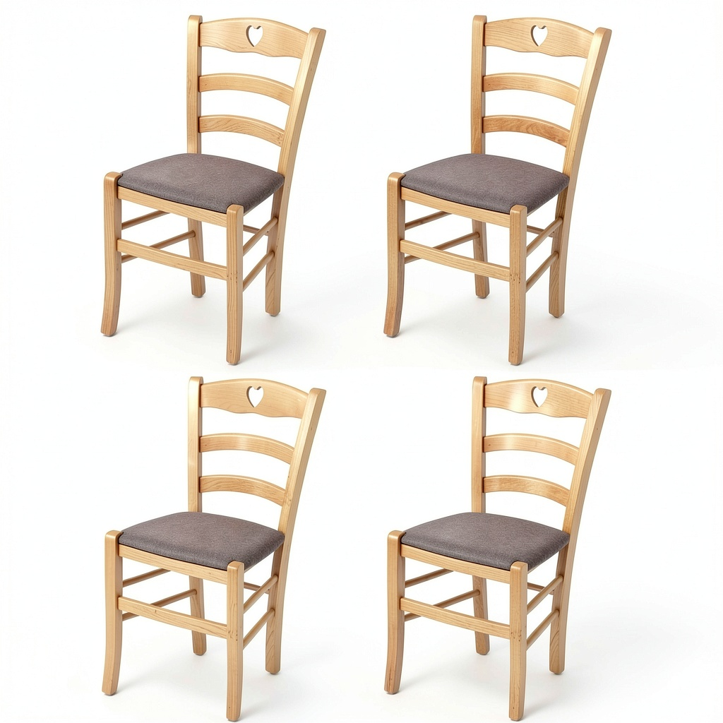Set di 4 Sedie Cuore per Cucina e Sala, Legno di Faggio Naturale e Tessuto Capriolo