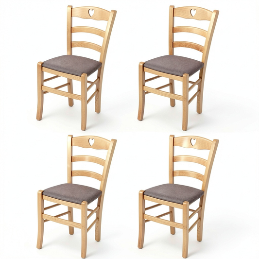 Set di 4 Sedie Cuore per Cucina e Sala, Legno di Faggio Naturale e Tessuto Capriolo