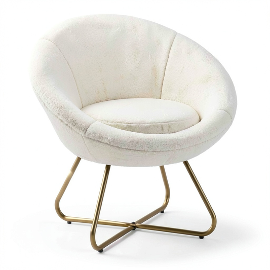 Poltrona Imbottita in Finta Pelliccia con Gambe Dorate, per Soggiorno e Sala da Pranzo, Bianco 75x66x79 cm