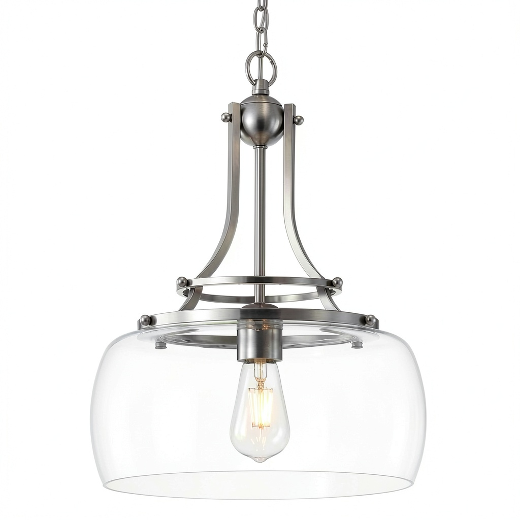Lampadario Industriale in Vetro Trasparente per Cucina e Soggiorno, Base E27, Nichel Spazzolato