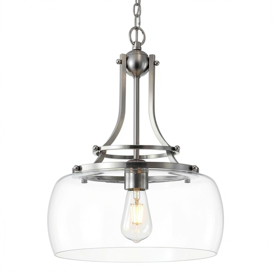 Lampadario Industriale in Vetro Trasparente per Cucina e Soggiorno, Base E27, Nichel Spazzolato