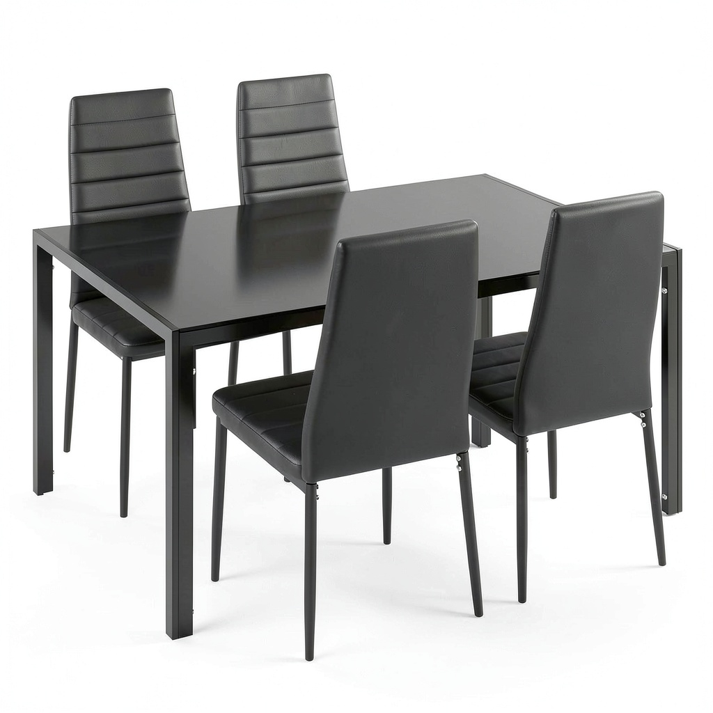Set Sala da Pranzo Moderno in Similpelle e Vetro con 4 Sedie e Tavolo - Nero