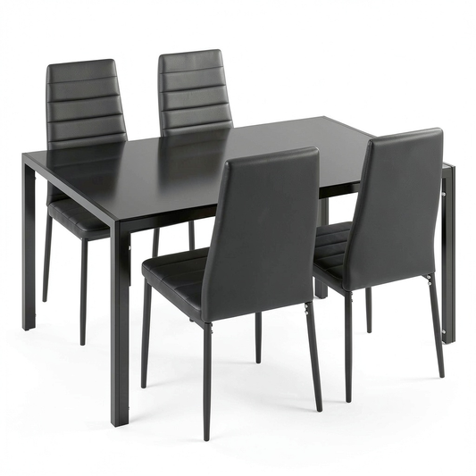 Set Sala da Pranzo Moderno in Similpelle e Vetro con 4 Sedie e Tavolo - Nero