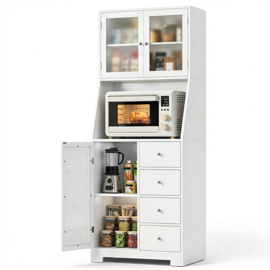 Credenza Alta Cucina 163cm con 4 Cassetti e Spazio Microonde, Mobile Multiuso per Soggiorno e Sala da Pranzo, Colore Bianco