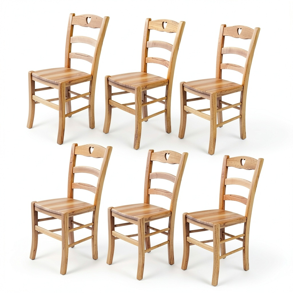 Set di 6 Sedie Cuore in Legno di Faggio Naturale per Cucina e Sala da Pranzo