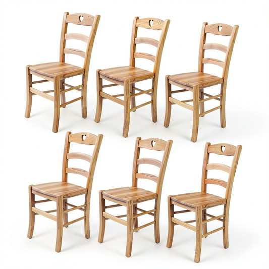 Set di 6 Sedie Cuore in Legno di Faggio Naturale per Cucina e Sala da Pranzo
