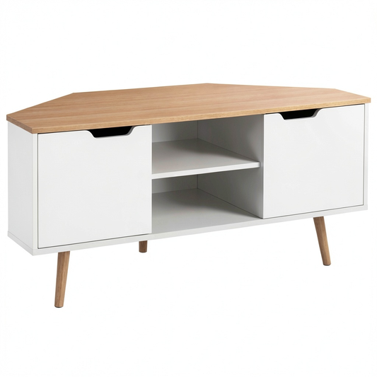 Mobiletto TV angolare industriale bianco e rovere 115x55x53 cm