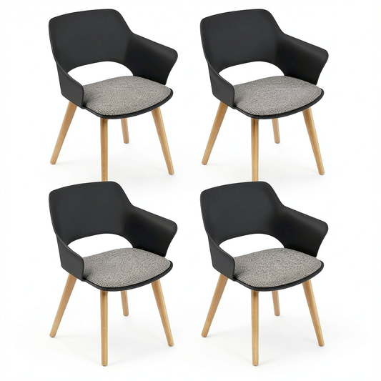 Set di 4 Sedie Nordiche in Legno Massello Imbottite per Cucina e Soggiorno, Colore Nero