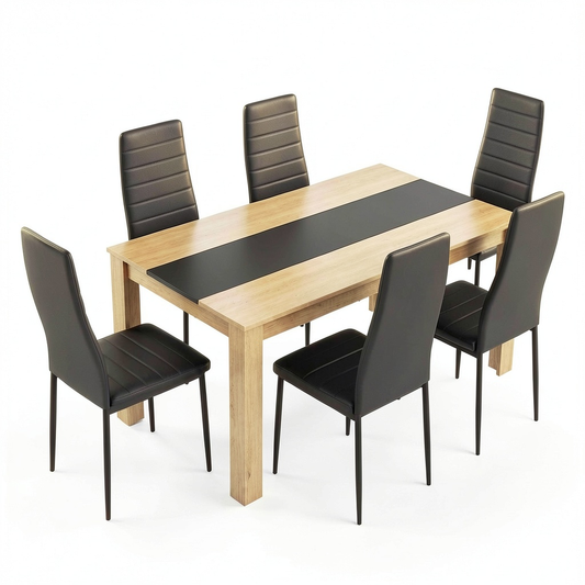 Set da pranzo in rovere e similpelle nera con tavolo e 6 sedie, ideale per cucina e soggiorno